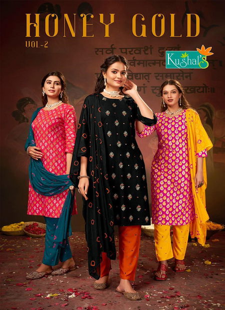 Honey Gold 2 By Kushal Printed Rayon Slub Readymade Suits Wholesale Shop
 Catalog